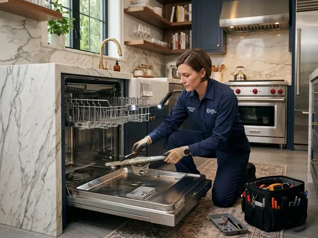 Appliance Repair Hero technician servicing a built-in dishwasher in a Amity, OR kitchen
