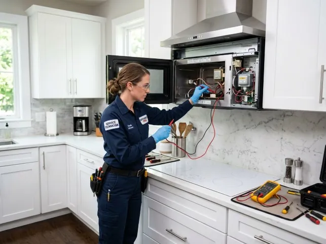 Appliance Repair Hero technician testing an over-the-range microwave in a Amity, OR kitchen