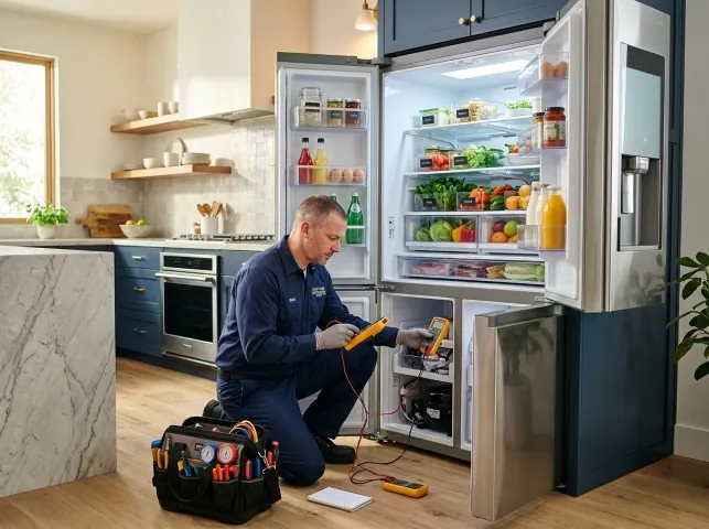 Appliance Repair Hero refrigerator technician testing a fridge on a Amity, OR service call
